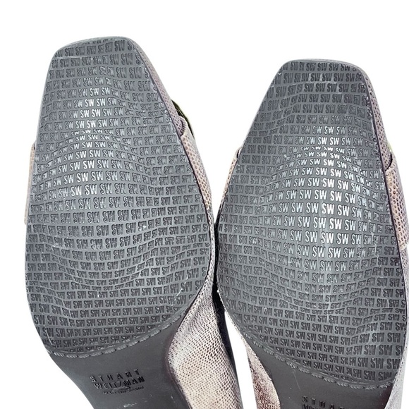 STUART WEITZMAN The Tube Textured Brown Napa Gold Buckle Square Toe Pumps Sz 7.5 - Picture 12 of 16